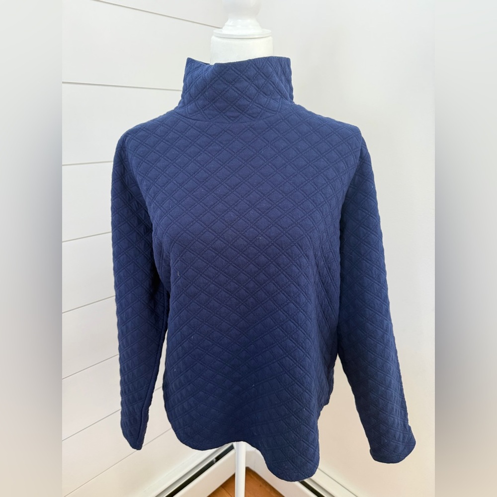 J. Crew Navy Quilted Mock Neck Pullover, size medium.